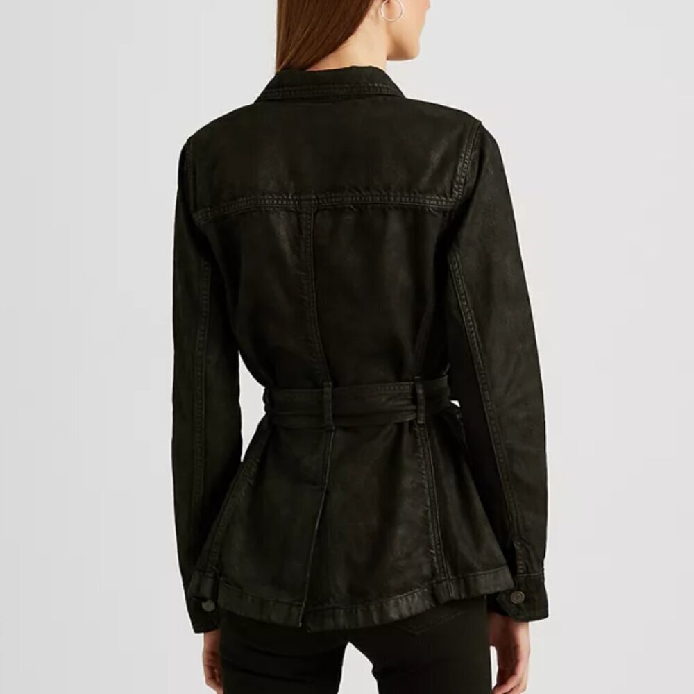 Ralph Lauren Utility Jacket Womens Black 14 Coated Denim Trucker Belted Field - Picture 7 of 10